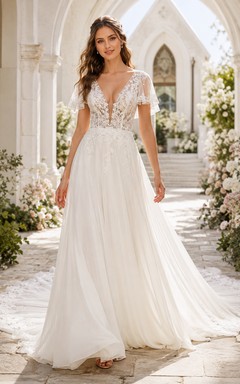 Robe de mariée en mousseline de soie à col en V, manches pétales, dentelle florale appliquée, coupe trapèze, dos nu plongeant et traîne chapelle