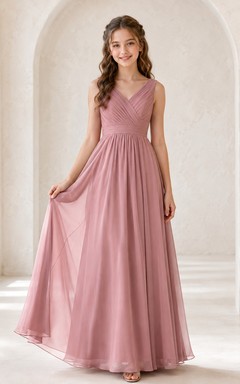 Blushing Pink Junior Bridesmaid Dress A-Line V-neck Sleeveless Chiffon Romantic