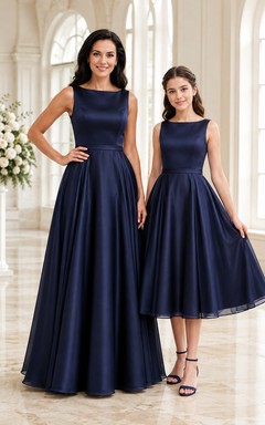 Dunkelblaues, elegantes Brautjungfernkleid für junge Frauen in A-Linie mit Schmucksteinen, ärmellos, aus Satin