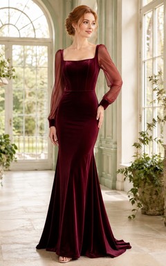 Burgundy Vintage Velvet Square Neck Illusion Long Sleeve Mermaid Floor-length Elegant Gown
