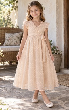 Apricot V-neck Ruffle Strap Bow Swiss Dot Cotton Flower Girl Dress