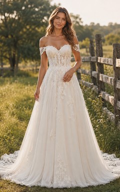 Brautkleid im Landhausstil mit Spitze, A-Linie, schulterfrei, Schleppe und tiefem V-Ausschnitt am Rücken