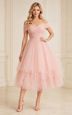 Blush Off-Shoulder Tiered Tulle A-Line Tea Cocktail Dress Reception Romantic