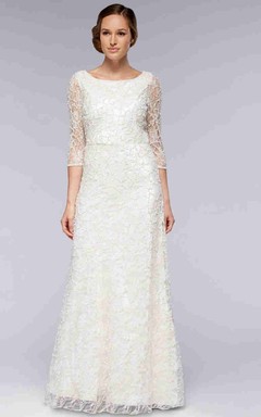 Sheath Scoop-Neck 3-4-Sleeve Lace Wedding Dress