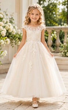 Vestido de niña de las flores color champán, encaje, tul, corte en A, cuello joya, largo hasta la rodilla