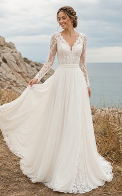 Boho V Neck Long Illusion Lace Sleeve Chiffon Sweep Wedding Gown