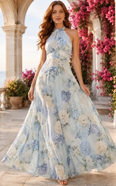 Vestido de bienvenida azul de gasa con cuello halter alto y corte en A, estampado floral, largo hasta el suelo.