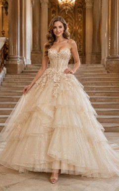 Strapless Sweetheart Layered Tulle Ball Gown Sweep Train Luxury Romantic Wedding Dress
