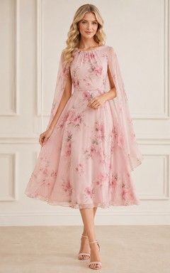 Vestido formal de fiesta rosa con mangas tipo capa, corte en A y largo hasta la rodilla.
