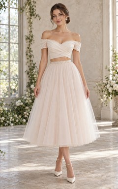 Tea-length Two Piece Off Shoulder Wrapped Pearl Wedding Dress