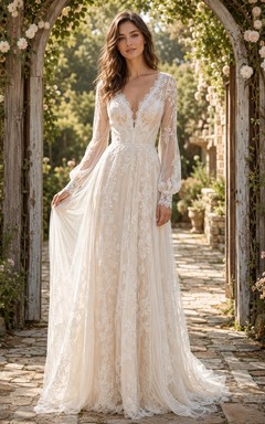Long Sleeve Lace Boho Vintage Open Back Wedding Dress