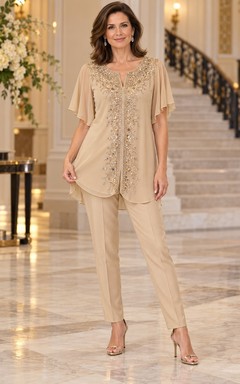 Champagne Beaded Flutter Sleeve Long Tunic Tapered Guest Pantsuit