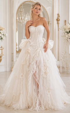 Vestido de novia romántico sin tirantes, corte en A, de tul con volantes, color marfil