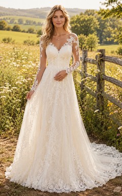 Robe de mariée champêtre en tulle et dentelle, coupe trapèze, col en V, sans manches, traîne, dos nu plongeant.