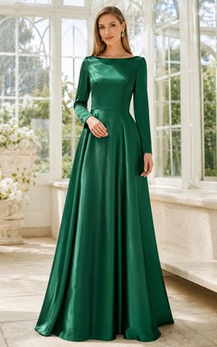 Dark Green Square Neck Long Sleeve Satin Floor-Length Evening Dress