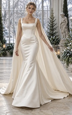 Vestido de novia de invierno sencillo, de satén, con escote cuadrado y capa.