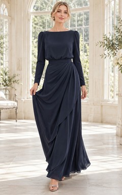 Vestido de noche formal de corte A, azul marino oscuro, estilo barco, manga larga, gasa drapeada, largo hasta los tobillos.