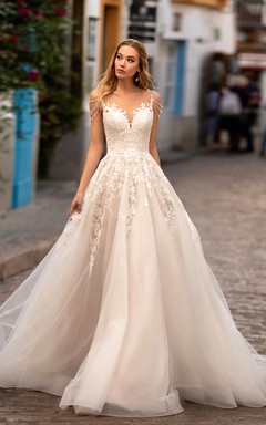 Robe de mariée de bal trapèze à imprimé spaghetti et dentelle appliquée, style empire