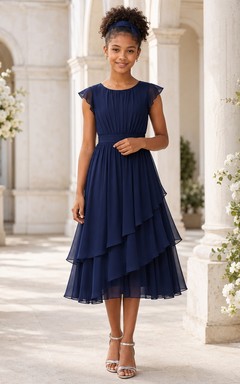 Dark Navy Junior Bridesmaid Dress A-Line Jewel Short Sleeves Tiered Skirt