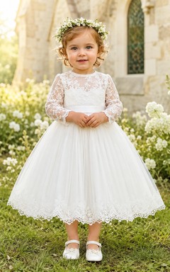 Modest Baby Baptism Christening Ceremony Dress A-Line Tea-Length Jewel Neck Long Sleeve Tulle Lace Button Back