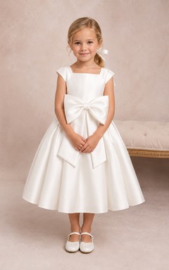 Flower Girl Dress Ivory Satin A-Line Jewel Neck Tea Length Bow Detail