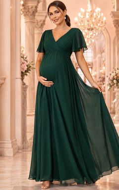 Maternity Dark Green Short Sleeve Chiffon Empire Floor-Length Evening Gown