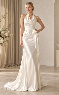 Simple Halter Cowl Draped Satin Sheath Train Wedding Dress