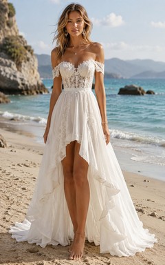 Ivory High-low Off-the-shoulder Chiffon A-line Wedding Dress with Lace
