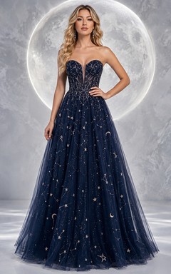 Robe de bal vaporeuse en tulle à sequins bleu marine foncé, bustier cœur, bustier bustier bleu ciel