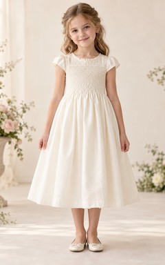 Tea-length Country Simple Ivory A-line Smocked Cap-sleeve Gathered Flower Girl Dress
