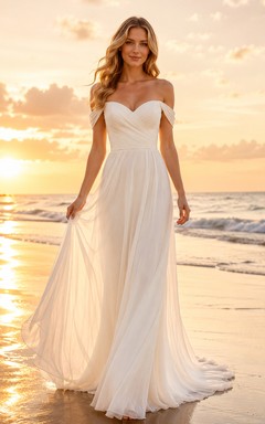 Off Shoulder Sweetheart Chiffon Beach Bridal A Line Gown