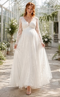 Bohemian Maternity Lace Wedding A Line V Neck Long Sleeves Sweep Train