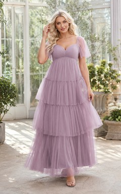 Vestido formal largo hasta el suelo de tul escalonado con mangas de volantes color lavanda estilo imperio