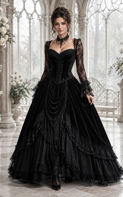 Black Vintage Gothic Bell Sleeve Lace Ball Gown Floor-length Corset Formal Dress