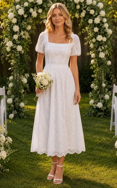 Vestido de novia de algodón con cuello cuadrado, mangas abullonadas y detalles de ojales, estilo Backyard.