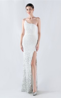 Sexy Abendkleid mit Samtsaum, Farbverlauf, Pailletten, hohem Schlitz und schräger Schulterpartie