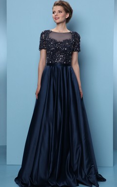A-Line Long Short-Sleeve Crystal Scoop-Neck Satin Prom Dress With Pleats