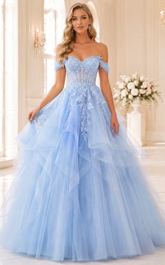 Vestido de fiesta largo hasta el suelo, azul cielo, con escote corazón, hombros descubiertos, apliques florales, cintura natural y volantes de tul.