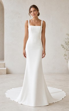 Minimalist Satin Wedding Dress Mermaid Square Neck Sleeveless Court Train Bridal Gown