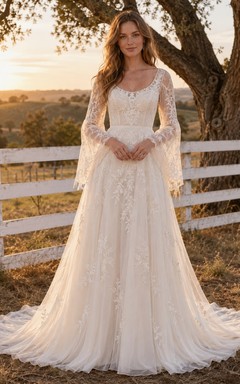Rustic Scoop Neck Long Bell Lace Sleeve Chiffon A Line Wedding Gown