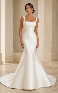 Simple Square Neck Wide Strap Satin Mermaid Court Train Trouwjurken Wedding Dress