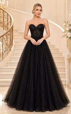 Luxury Black Sweetheart Sleeveless Floor-length Tulle Ball Gown Dress