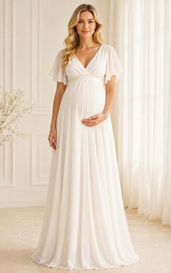 Maternity Modest V Neck Flutter Sleeve White Chiffon Formal Dress