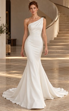 Simple One-Shoulder Fitted Mermaid Plain Sweep Train Bridal Wedding Dress