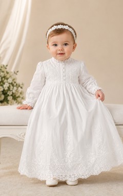 Classic Modest Baby Baptism Christening Ceremony Gown A-Line Tea-Length Jewel Neck Long Sleeve Satin Lace Button Back