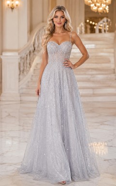 Silbernes, glitzerndes Tüll-Abendkleid in A-Linie mit Spaghettiträgern und Korsett-Oberteil für Abendveranstaltungen