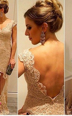 Vestidos de noche formales de encaje dorado con corte en A y mangas cortas Vestidos de gasa para graduación