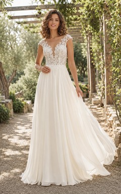 Boho-Brautkleid mit kurzen Ärmeln, Spitze an der Taille und Chiffon