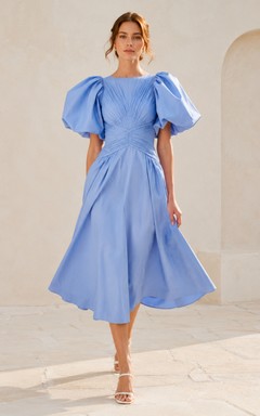 Blue puff sleeve pleated bodice tea length guest dress