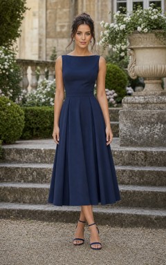 Dark Navy Bateau Satin Tea-Length A-Line Dress